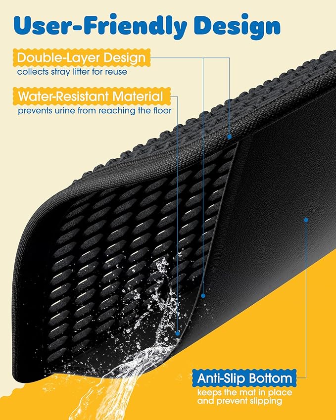 35" x 30" Cat Litter Mat - Ultra-Large Litter Box Mat with Double Layers, Urine-Proof and Non-Slip Litter Trapping Mat, Easy to Clean Kitty Litter Mats for Floor, Scatter Control, Black-PurrikoPets