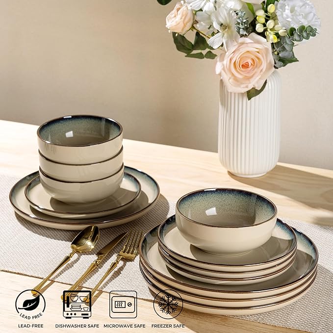 GBHOME Ceramic Dinnerware Sets for 4, 12 Pieces Stoneware Plates and Bowls Sets, Scratch Resistant Dishes, Dishwasher & Microwave Safe, Reactive Glaze-Gravel-PurrikoPets