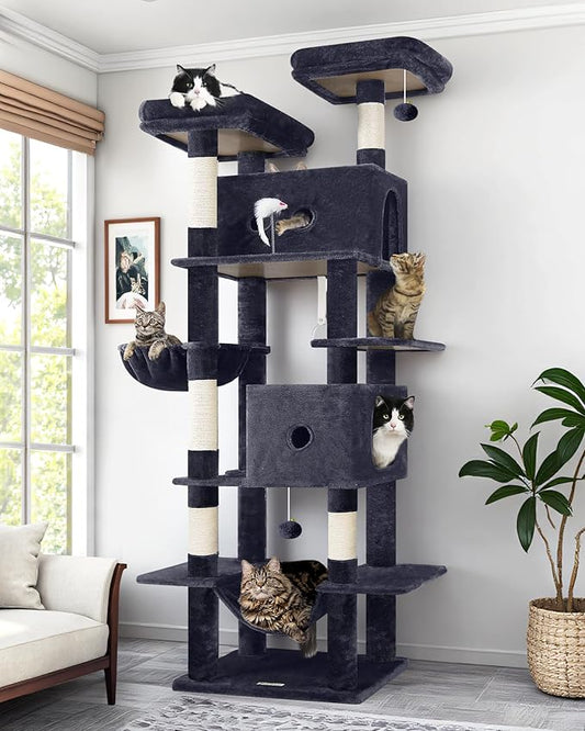 Globlazer Large Cat Tree Tower Condo, 80in Tall Cat Tree for Multiple Indoor Cats Large Adult, XXL Big Cat Climbing Tower with Cat Caves, Sisal Scratching Posts, Top Perches, Hammock, S80B, Dark Gray-PurrikoPets