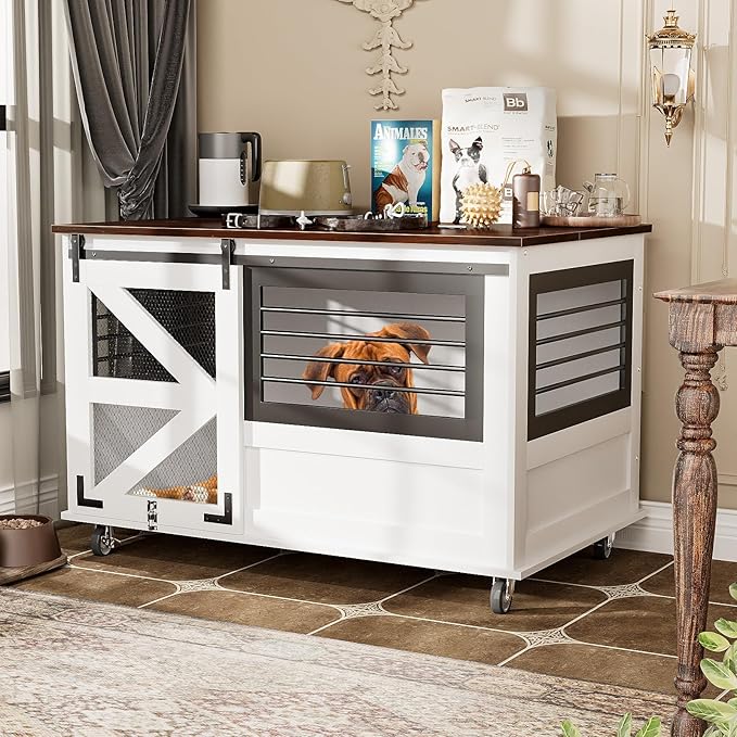 47 inch XL Dog Crate Furniture with Top-Access Teasing/Feeding Doors, Farmhouse Wooden Decorative Dog Crates with Wheels, Chew-Resistant Dog Crates End Table for Medium&Large Dogs, White-PurrikoPets