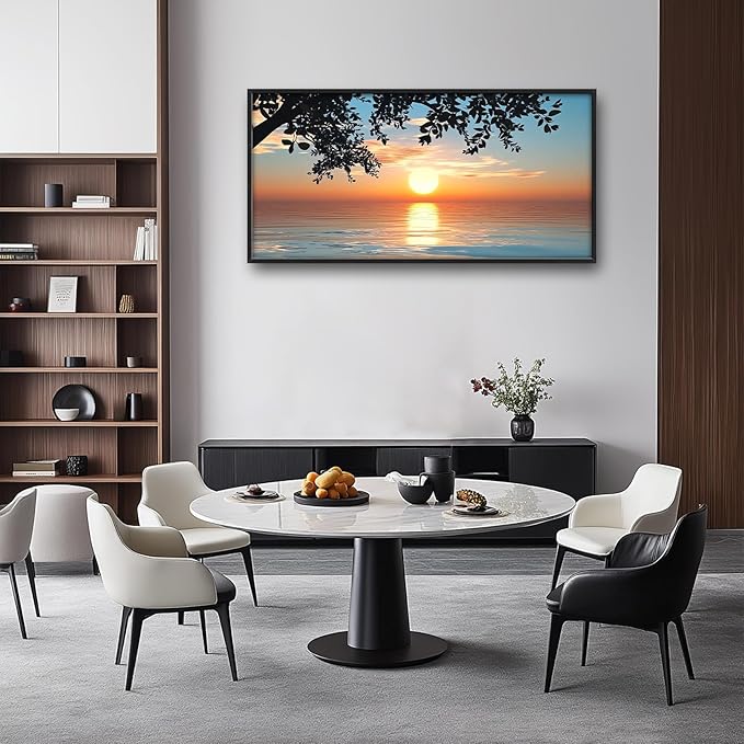 Framed Large Lake Sunset Wall Art, Oversized Natural Landscape Wall Decor for Living Room, Tree Leaves Canvas Painting Pictures Home Decoration for Living Room Bedroom Office 60"x30"-PurrikoPets