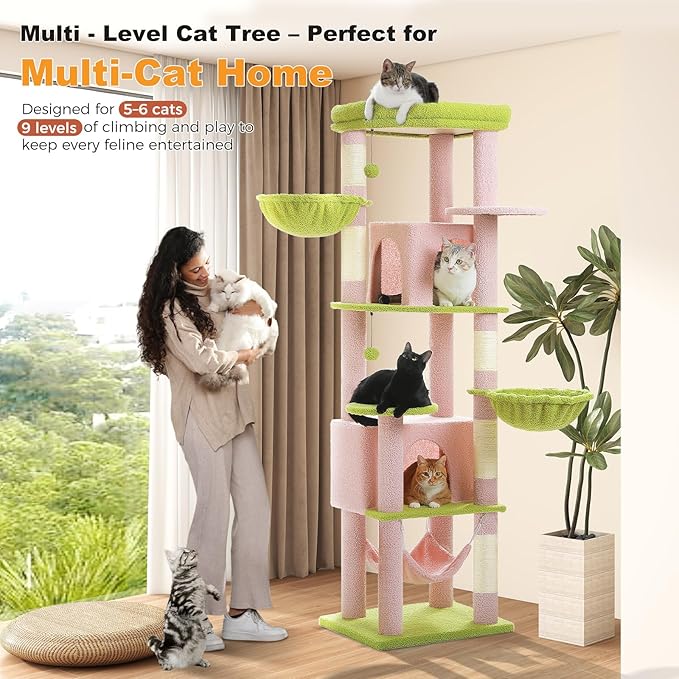 71.2" Large Cat Tree for Multi-Cat Households - Heavy-Duty 9-Level Cat Tower w/5 Sisal Scratching Posts, 2 Condos, 3 Hammocks, Extra-Large Perch & Pompoms - Space-Saving, Pink-PurrikoPets