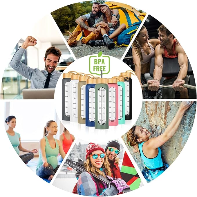 32 oz Glass Water Bottle with Straw - Motivational Time Marker & Silicone Sleeve - Reusable Tumbler Includes 2 Bamboo Lids & Fruit Infuser - 1 Pack-PurrikoPets