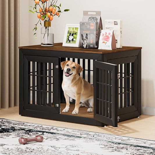 42" Heavy Duty Dog Crate Furniture for Small,Medium and Large Dogs,Rustic Wooden Dog Cage Kennel Indoor Furniture with Waterproof Top,Decorative Pet House Side End Table (Black & Wood)-PurrikoPets
