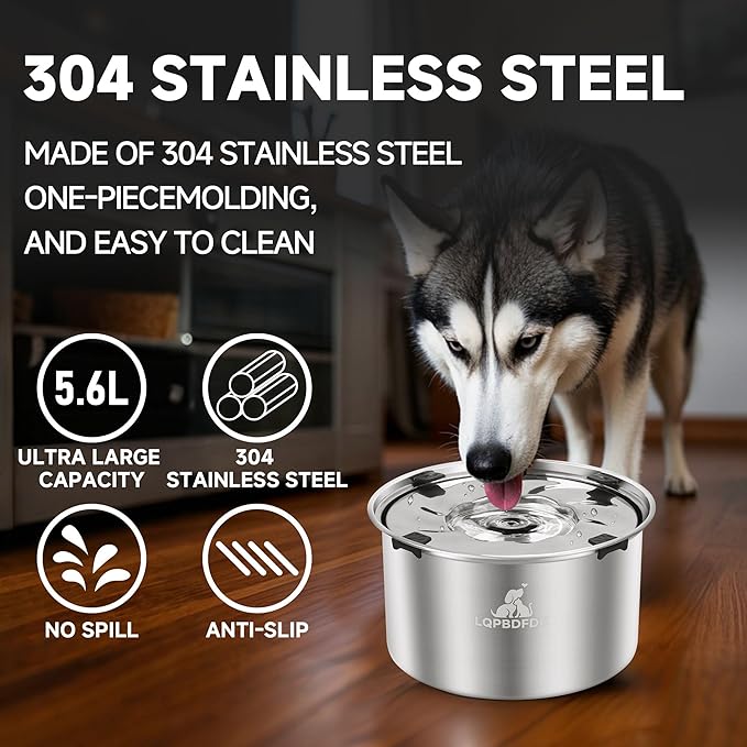 Dog Water Bowl No Spill, 5.6L/1.5 Gallon No Drip Slow Drinking Dog Water Bowl Dispenser Spill Proof, Large Stainless Steel Slobber Stopper for Messy Drinkers, Small Medium & Large Dogs-PurrikoPets