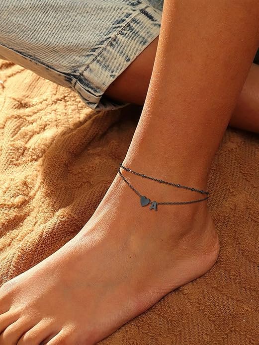 Suplight Stainless Steel Initial Ankle Bracelets for Women Layered Dainty Heart Anklet Beaded Anklets for Women Waterproof Plus Size Ankle Foot Chain Summer Essentials Jewelry(with Gift Box)