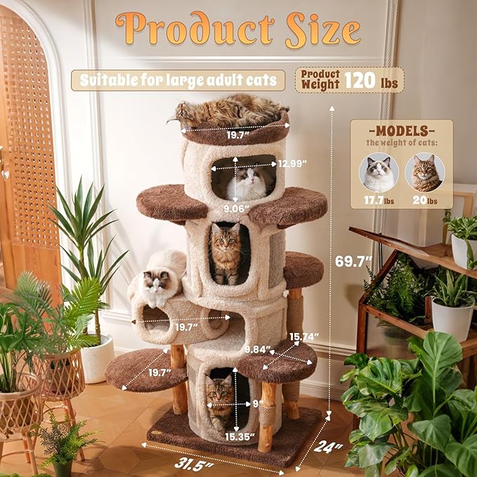 70'' Luxury Heavy Duty Cat Tree for Indoor Cats Adults,Treehouse Theme Large Cat Tower for Home Decoration,Multi-Level Modern Maine Coon Condo with 3*Wood Scratching Post,Perch,Huge House for Multicat-PurrikoPets