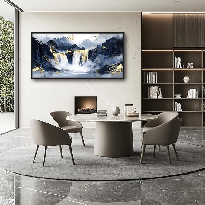 Extra Large Abstract Golden Waterfall Framed Wall Art for Living Room,Oversized Foggy Mountain Pictures Wall Decor,Canvas Print Painting Modern Artwork Bedroom Office Bathroom 60L" x 30W"-PurrikoPets