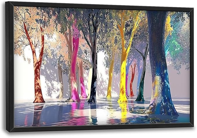 Framed Large Trees Wall Art for Living Room, Oversized Abstract Forest Wall Decor Colorful Nature Canvas Painting Modern Artwork Home Decoration for Living Room Bedroom Dining Room Office 36"x24"-PurrikoPets
