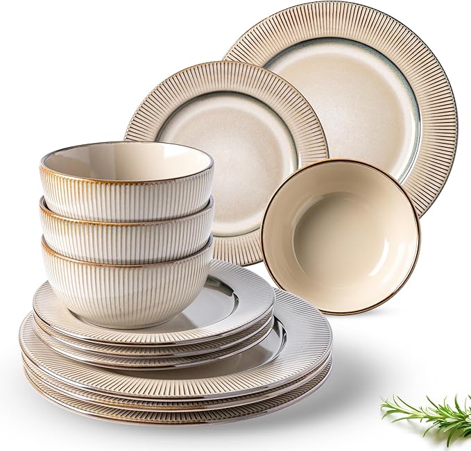 GBHOME Ceramic Dinnerware Sets,12 pcs Embossed Elegant Stoneware Plates and Bowls Sets, Housewarming Wedding Gift | Dishwasher & Microwave Safe | Dishes Set Service for 4-PurrikoPets