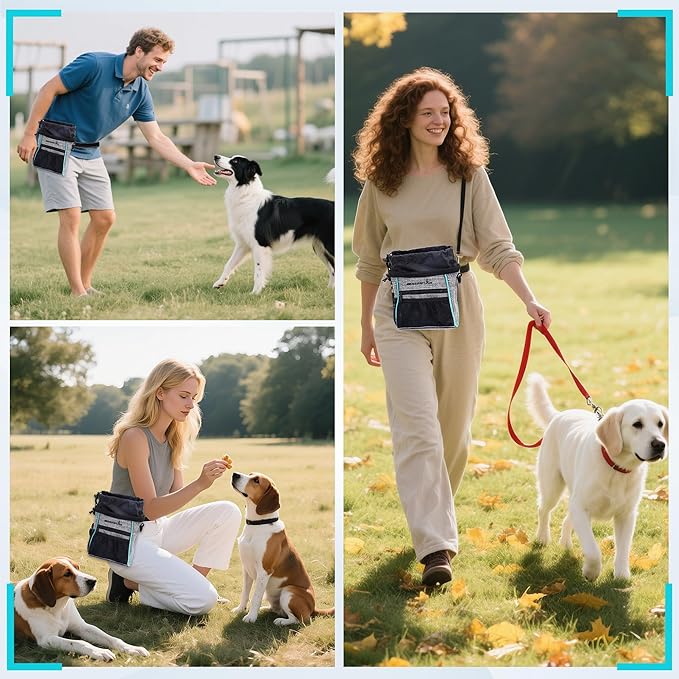 Dog Treat Pouches Training Walking Bag with Shoulder Strap, Large Space for Pets Food, Polyester Fabric, 3-Way Wearing Design, Portable Pet Bagand Easy to Clean, Black with Grey-PurrikoPets