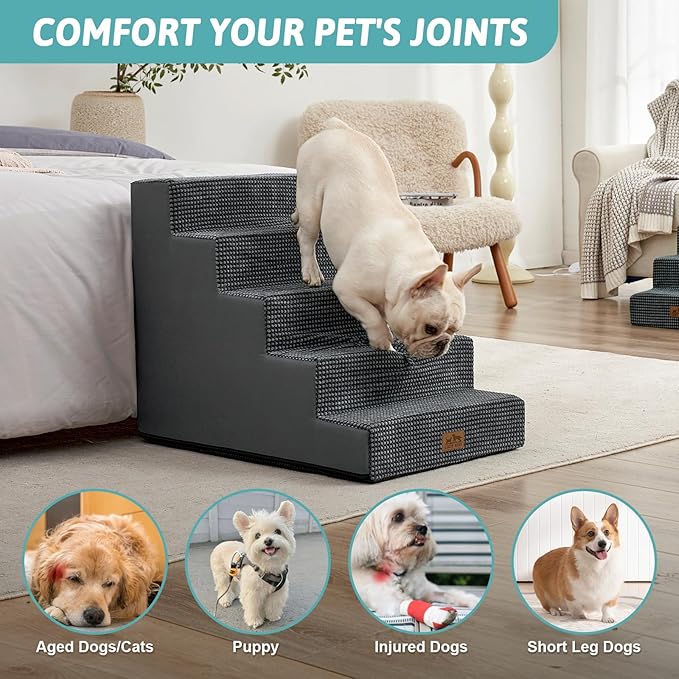 Dog Stairs for Small Dogs, 5 Tier Wider Pet Stairs for High Beds, 23.6" H Non-Slip Dog Steps for Old Cats, Puppies, Small Medium Dogs, 29.5x19.7x23.6 inch, Dark Grey-PurrikoPets