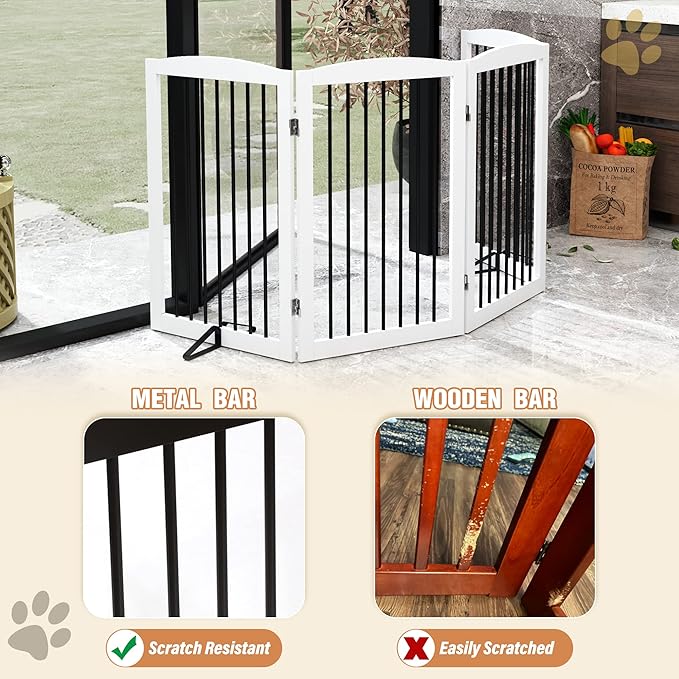 Freestanding Pet Gate - Foldable Wooden Dog Gate, 80 Inch Wide, 4 Panels, White-PurrikoPets