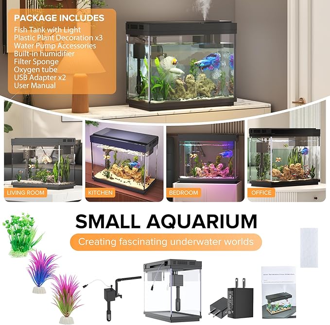 Fish Tank, 2.4 Gallon Fish Aquarium, Fish Tank Starter kit with Smart Humidifier, Temperature Display, 7-Color Lighting, 3 in 1 Quiet Pump with Filteration & Oxygenation & Circulation-PurrikoPets