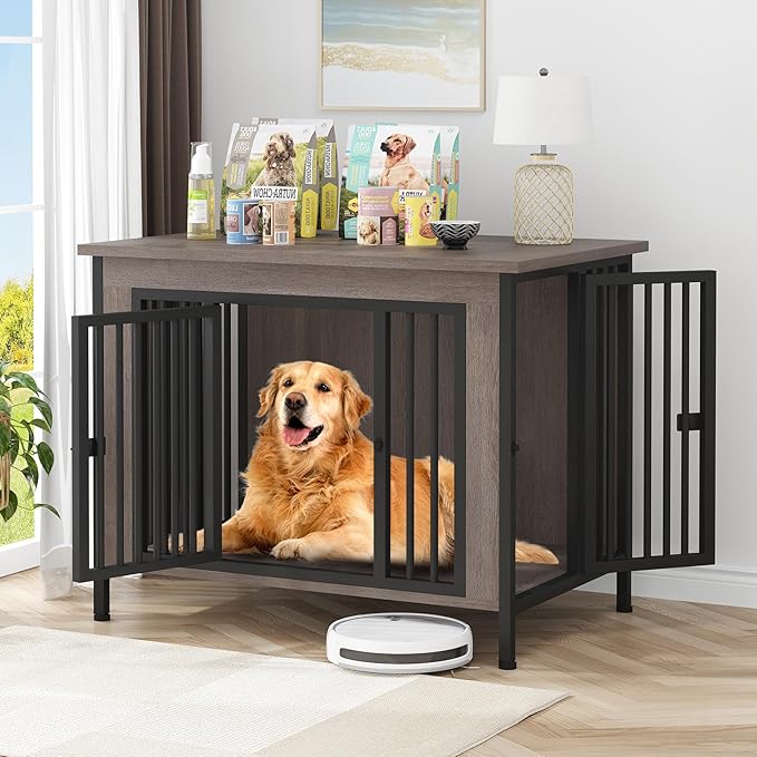 EasyCom 39.96" XL Wooden Large Dog Crate Furniture for Medium and Large Breed, Chew-Resistant Dog Kennel Furniture Indoor with 2 Doors and 3.94" Raised Feet, as TV Stand, End Table, Crate Table-PurrikoPets