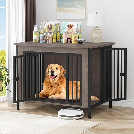 EasyCom 39.96" XL Wooden Large Dog Crate Furniture for Medium and Large Breed, Chew-Resistant Dog Kennel Furniture Indoor with 2 Doors and 3.94" Raised Feet, as TV Stand, End Table, Crate Table-PurrikoPets