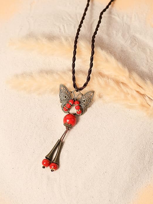 MINACHI Hippie Boho Colorful Ceramic Bead Butterfly Charm Pendant Y Necklace, Vintage Bohemian Statement Jewelry Gift for Women