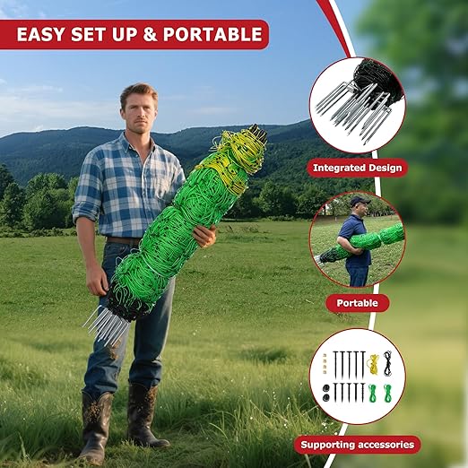 Electric Fence Netting, 164'L x 42.5" H Electric Fence Kit for Livestock, Goat, 14 Posts Double Spiked Portable Electric Poultry Farm Fence-PurrikoPets