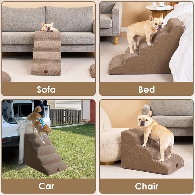 EHEYCIGA Curved Dog Stairs Ramp for High Beds 22.6" H, 5-Step Dog Steps for Small Dogs and Cats, Pet Stairs for High Bed Climbing, Non-Slip Balanced Pet Step Indoor, Camel-PurrikoPets