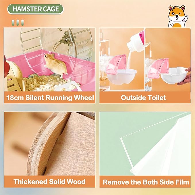 8 in 1 Clear Acrylic Hamster Cage with All Accessories,13.5''L* 10''W* 13''H Dwarf Hamster Cage,Small Hamster Habitat,Garden Style Mouse Cage for Pet Mice,Hamster Enclosure(1-Layer,Pink)-PurrikoPets