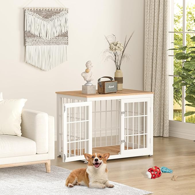 32 Inch Heavy Duty Dog Crate Furniture for Medium and Small Dogs, Decorative Pet House End Table, Wooden Cage Kennel Furniture Indoor, Natural and White-PurrikoPets