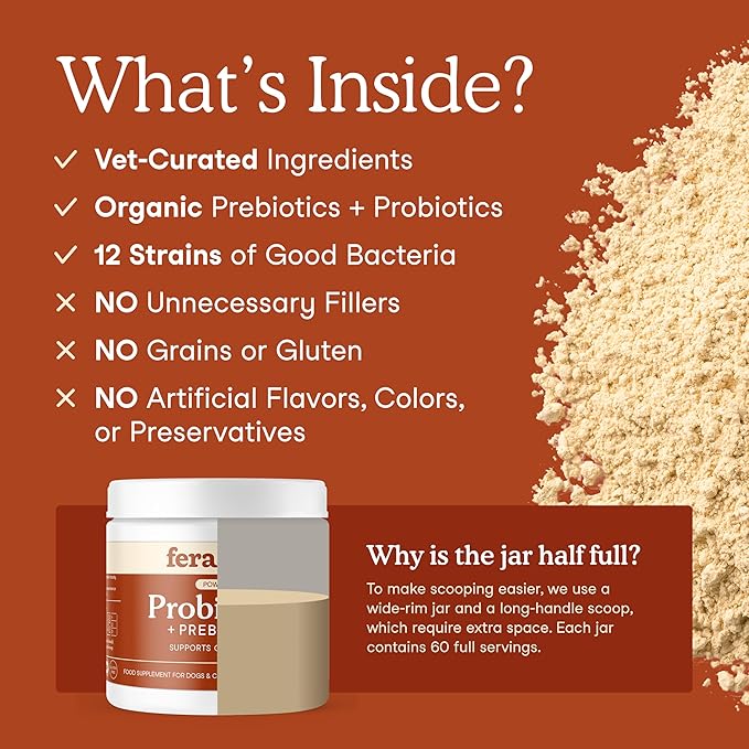 Fera Pets Probiotics for Dogs & Cats with Prebiotics - USDA Organic - Gut Health Powder Supplement with 12 Strains and 5 Billion CFUs - Supports Immunity, Energy and Skin & Coat - 60 Scoops-PurrikoPets