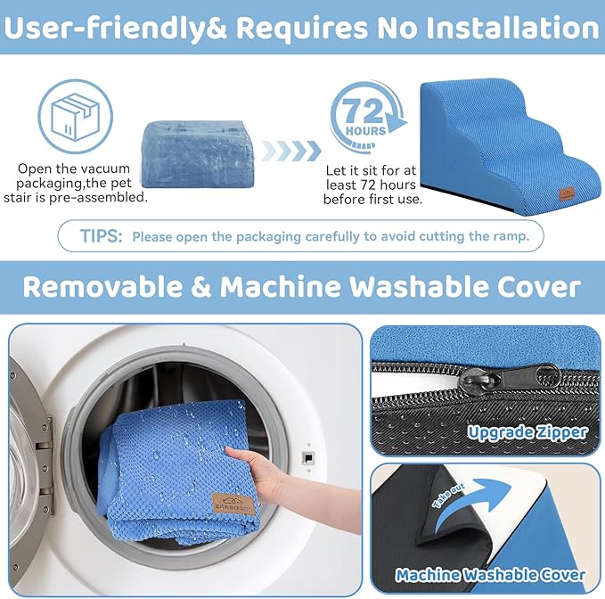 Dog Ramp and Stair for Bed 16" H-20 H,3-Step Cat Stair for Sofa and Chair,4-Step Dog Ramp for High Bed and Window,Durable Nonslip Fabric Cover for Indoor (Blue-16“H, Pet Friendly, 3)-PurrikoPets