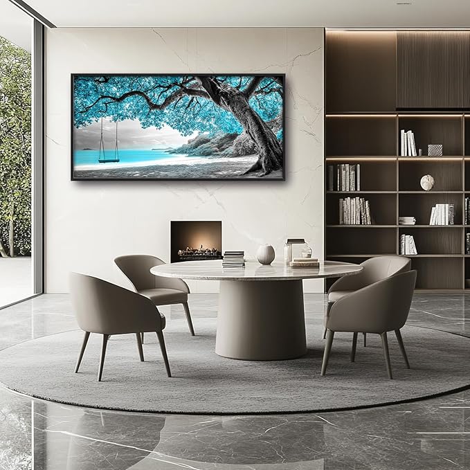 Extra Large Framed Abstract Tree Wall Art,Black and White Tree of Life Wall Decor,Blue Teal Sea Pictures for Living Room,Canvas Print Painting Modern Artwork Bedroom Office Bathroom 60L x 30W-PurrikoPets