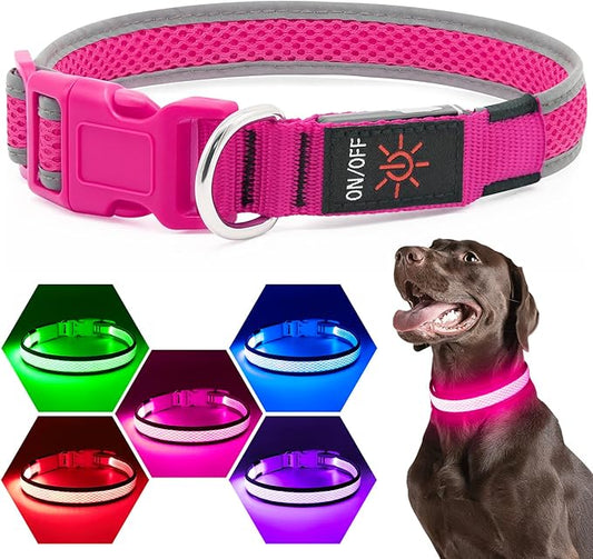 Flashseen LED Dog Collar, Light Up Dog Collar USB Rechargeable, Brightest Dog Lights for Night Walking, Adjustable Dog Collar Light for Dog Safety(Small, Candy Pink)-PurrikoPets