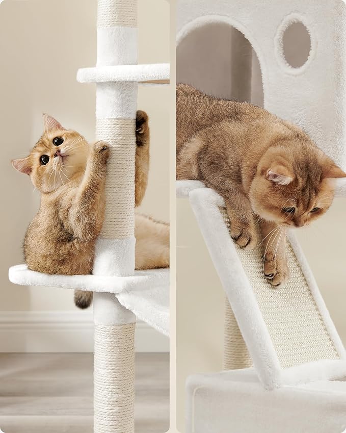 Feandrea Cat Tree, 81.1-Inch Large Cat Tower with 13 Scratching Posts, 2 Perches, 2 Caves, Basket, Hammock, Pompoms, Multi-Level Plush Cat Condo for Indoor Cats, Cream White UPCT190T01-PurrikoPets