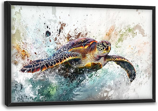 Extra Large Framed Sea Turtle Wall Art,Oversized Abstract Colorful Sea Nautical Wall Decor Pictures for Living Room,Canvas Print Painting Modern Artwork Bedroom Office Bathroom Home Decor 36L x24W-PurrikoPets