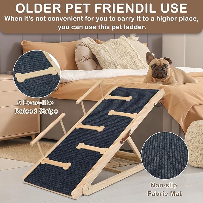 Dog Ramp for Bed, Non-Slip Pet Ramp with 5 Adjustable Heights, Portable Foldable Wooden 40" Long Pet Stairs for Small & Large Old Dogs & Cats - Lightweight & Easy Storage-PurrikoPets