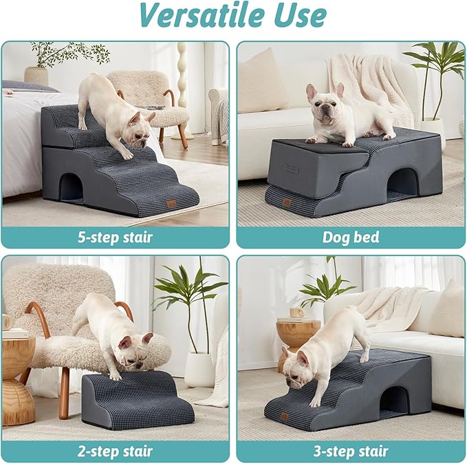 Extra Wide Dog Stairs with Tunnel, Detachable Large Pet Step for Small Medium Dog, Puppy or Cat, Ramp for High Bed, Couch, Sofa or Car, Stable, 19.7x33x22.4 inch, 5 Step, Dark Grey-PurrikoPets