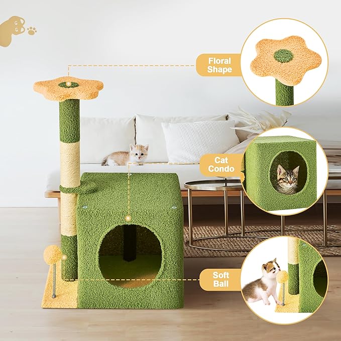 24 Inch Cat Tree Condo for Indoor Cats with Floral Sisal Scratching Post, Plush Hang Ball Play Furniture for Kittens Cats, Yellow-PurrikoPets