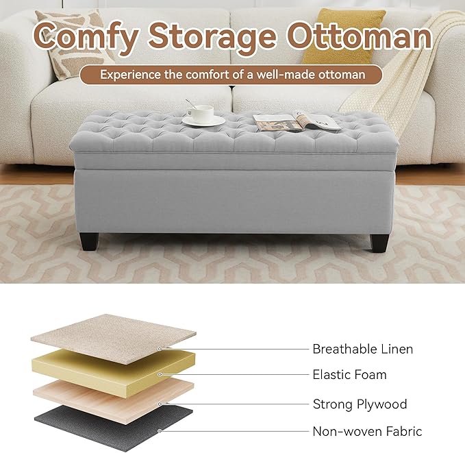 51" Fabric Storage Ottoman Bench, Upholstered Rectangle End of Bed Storage Ottoman Tufted Living Room Bedroom Bench with Safety Hinge, Solid Wood Legs, Loads 500 lb(Light Grey)-PurrikoPets