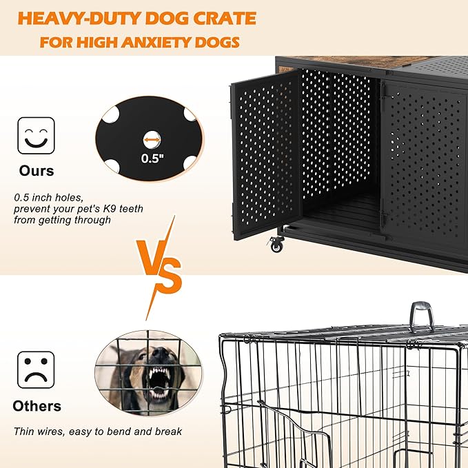 42" Heavy Duty Dog Crate Furniture for Large and Medium Dogs, Enclosed Design with 0.5 inch Holes, Indestructible Metal Kennel for High Anxiety Dogs, Chew Proof Pet House Cage Indoor, Brown-PurrikoPets