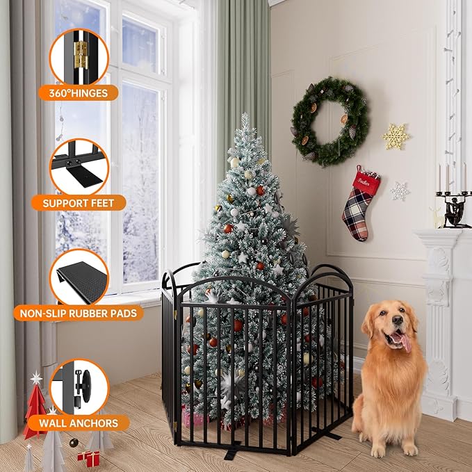 6 Panles Full Matel Freestanding Dog Gates with Door, 144"Extra Wide 32"Tall Free Standing Dog Pet Gate for Indoor & Outdoor. Foldable Pet Fences for Doorways, House, Stairs, Porch, Deck, Yard-PurrikoPets