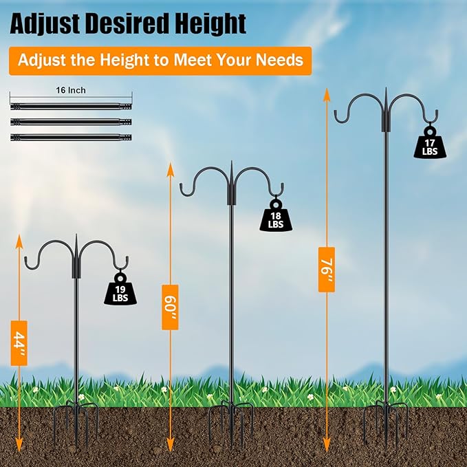 FEED GARDEN Adjustable Double Shepherds Hook for Outdoor with 5 Prong Base 76 Inch Heavy Duty Two Sided Bird Feeder Pole for Hanging Plant Baskets, Solar Light Lanterns, Wind Chimes 2 Pack-PurrikoPets