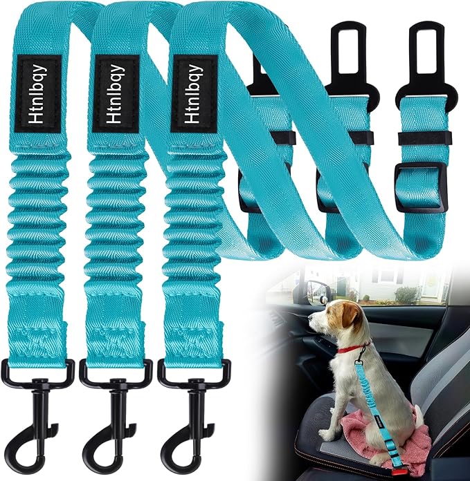 3 Pack Thickened Adjustable Dog Car Harness, Retractable Dog Car Harness Adjustable Dog Seat Belt for Car, Dog Car Leash Made of Thickened Nylon Material and Reinforced Metal Hook, Light Blue-PurrikoPets