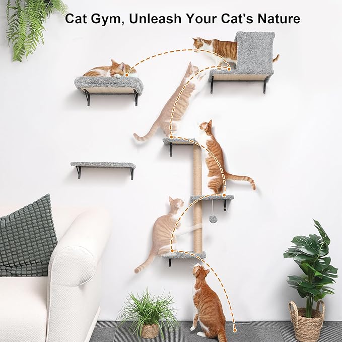 FUKUMARU Cat Wall Shelves, Stable & Safe 4 in 1 Cat Furniture Set, Wooden Climbing Wall with Scratching Post for 16 Inch Drywall - Light Gray-PurrikoPets