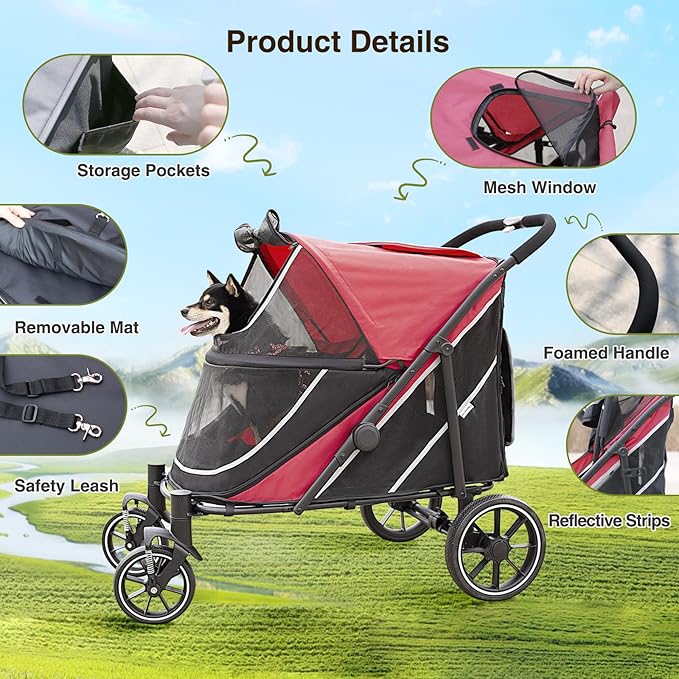 Dog Stroller for Medium/Large Dogs One-Click Folding, Extra Large Pet Stroller for 2 Dogs with Storage Pocket & Shock Absorption, Up to 130 lbs, Red-PurrikoPets