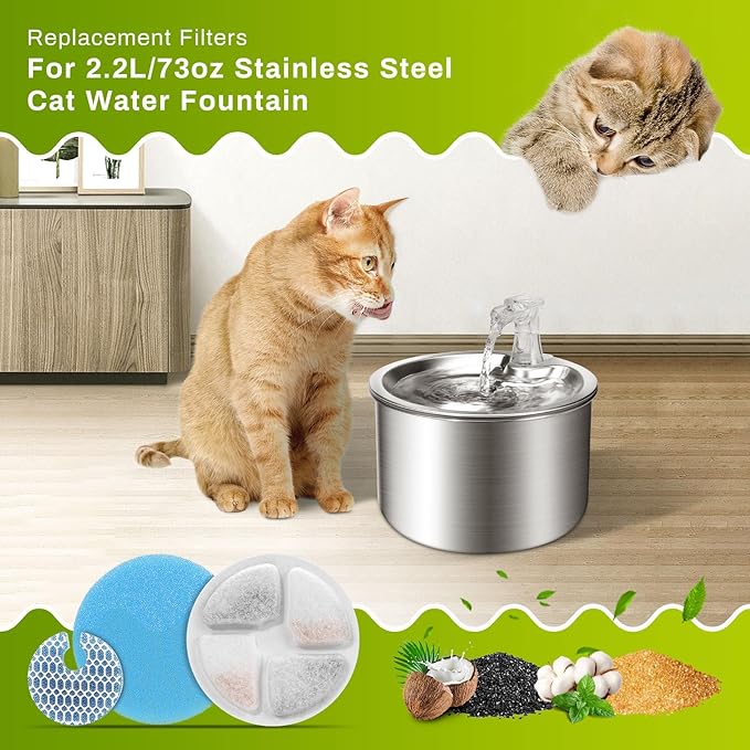10 Set Cat Water Fountain Filters for 2L/67oz Round Stainless Steel Pet Water Fountain, ZEKIRY Pet Water Fountain Filters, Triple Filtration Replacement Filters(10 Filter, 10 Sponge, 10 8D Sponge)-PurrikoPets