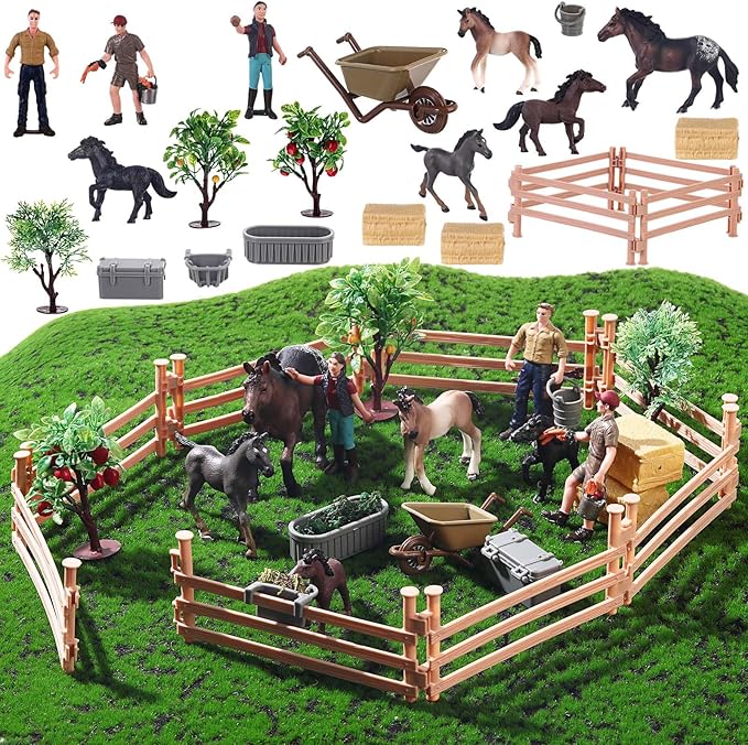 27 Pcs Horse Ranch Playset, 5 Horse Figurines 3 People Figurines 8 Fence 3 Model Trees 1 Moss Mat for Diorama Project Educational Gift Cake Topper-PurrikoPets