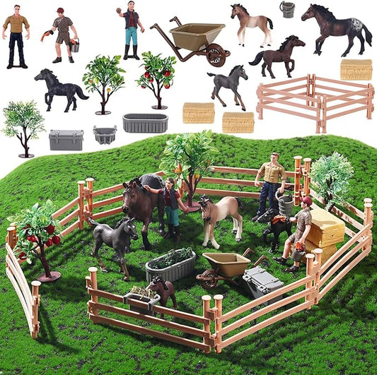 27 Pcs Horse Ranch Playset, 5 Horse Figurines 3 People Figurines 8 Fence 3 Model Trees 1 Moss Mat for Diorama Project Educational Gift Cake Topper-PurrikoPets