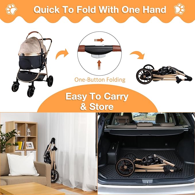 Dog Stroller for Small Medium Dogs, 3 in 1 Folding Pet Stroller Up to 33 lbs, 4 Wheels Pet Strolling Cart with Zipperless Entry, Cat Dog Travel Carrier with Cup Holder & Storage Basket-PurrikoPets