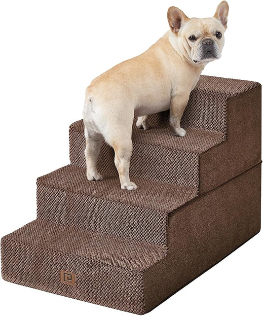 EHEYCIGA Dog Stairs for Bed 20" H, 4-Step Extra Wide Dog Steps for High Bed, Pet Steps for Small Dogs and Cats, Non-Slip Balanced Pet Ramp Indoor, Brown-PurrikoPets