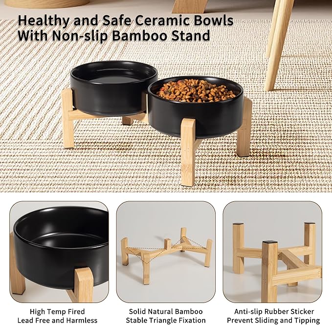 Elevated Ceramic Dog Bowl Set - Raised Feeding Bowls with Non-Slip Bamboo Stand - Small Pet Dishes for Food and Water - Ideal for Cats and Puppies - 16.23 OZ - 2 Cups - 480 ML-PurrikoPets