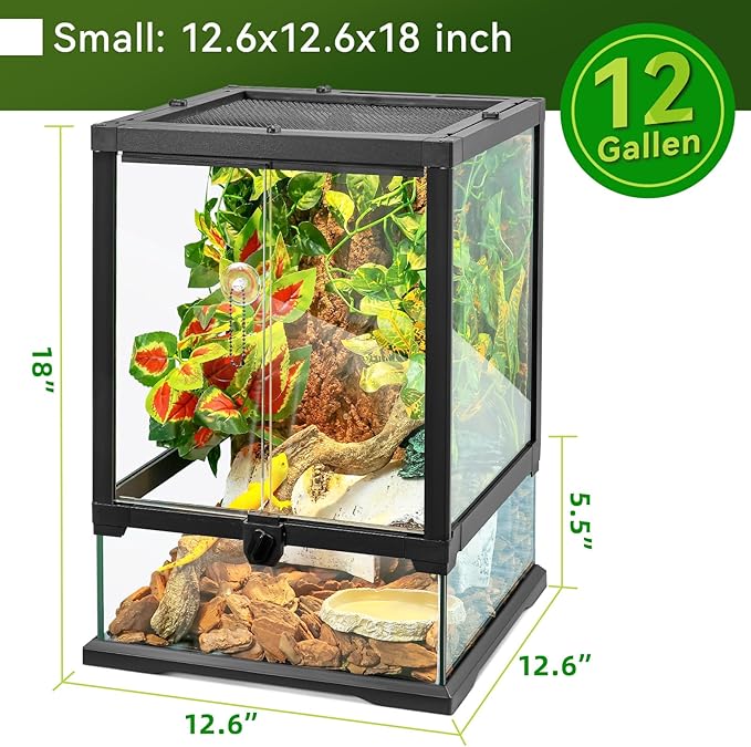 18x12x12 12 Gallon Glass Reptile Tank Front Opening Terrarium Suitable for Leopard Geckos, Snakes Tree Frogs Chameleons Watertight Base, Ventilated Metal Mesh Top, Pre-Drilled Cable Holes-PurrikoPets