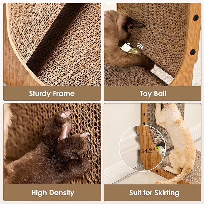 EHEYCIGA Cardboard Cat Scratcher for Indoor Cats, 26.8 Inch L Shaped Vertical Cat Scratching Board with Ball Cat Toy, Large Cat Scratcher Pad, Brown-PurrikoPets