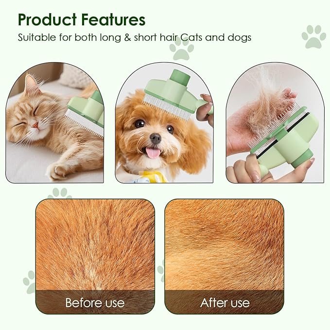 Flea Comb for Cat Hair Removal Comb, 2025 New Self-Cleaning Flea Brush for Cats and Dog, Comfort Cat Hair Removal Tool with Long & Short Stainless Steel Metal Grooming Brush(Green)-PurrikoPets
